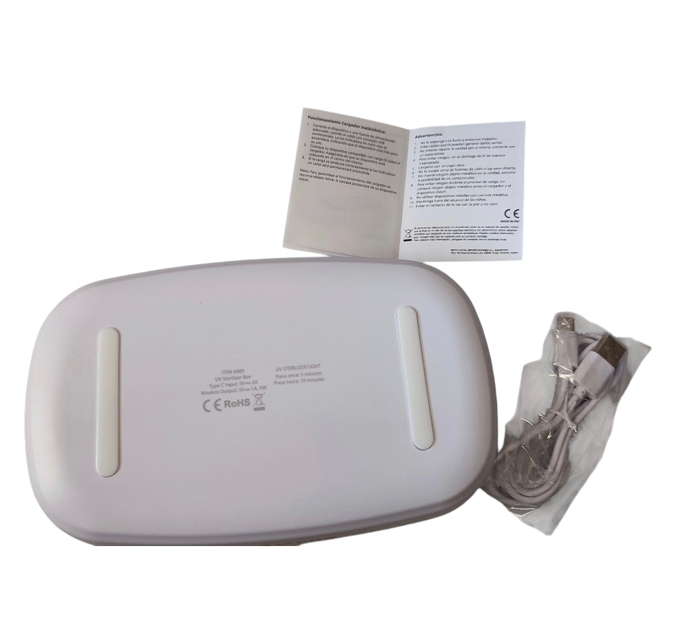 Caja Esterilizadora UV con Base de Carga en Bambú y Cargador Inalámbrico