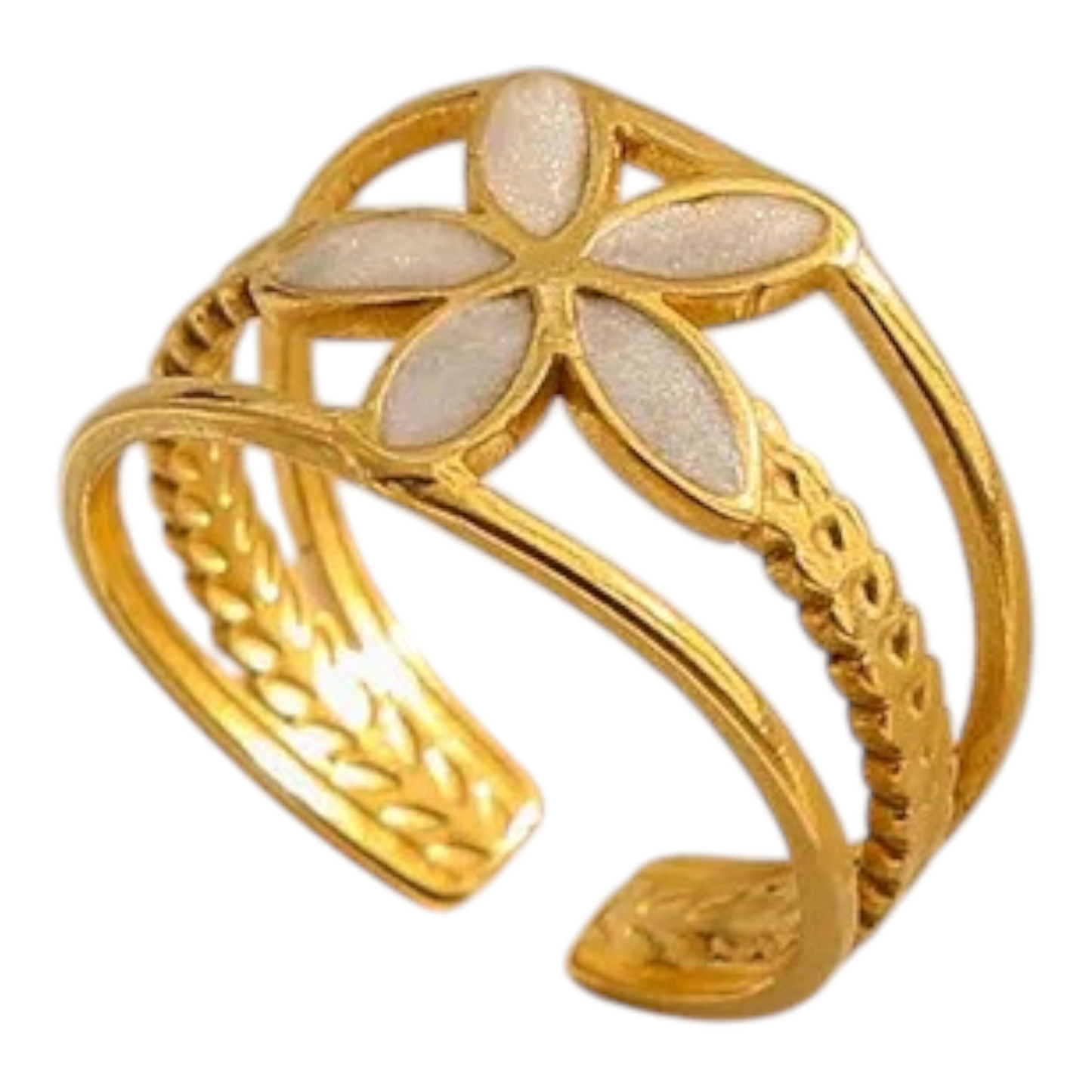 Anillo Ajustable Flor de Oro  Elegancia en Blanco