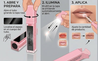 Brillo Labial 3 EN 1 Espejo y Luz Led Incorporado Vitamine E Antioxidante