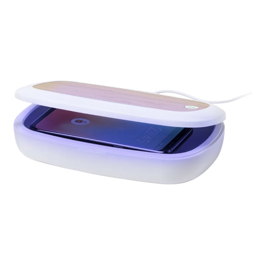 Caja Esterilizadora UV con Base de Carga en Bambú y Cargador Inalámbrico