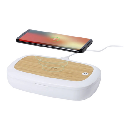 Caja Esterilizadora UV con Base de Carga en Bambú y Cargador Inalámbrico